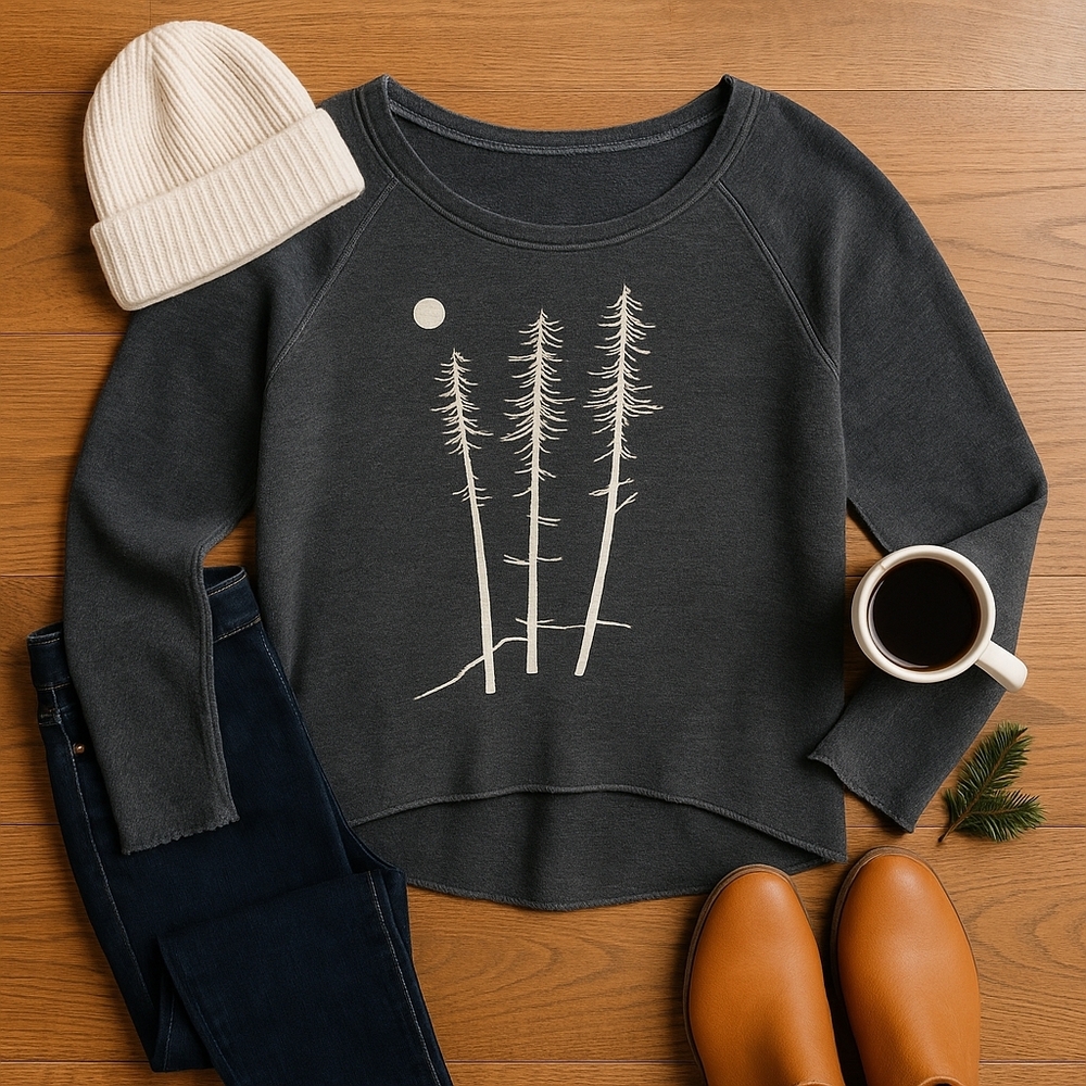 Marüshka ‘Twiggy’ Tree Sweatshirt L Gray Raw Hem High-Low Hand Printed Fleece
